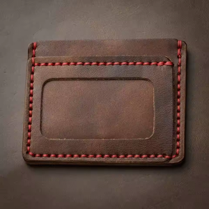 Porte-cartes personnalisé en cuir véritable non pliable avec fenêtre pour carte d'identité, marron, surpiqûres rouges, Pakistan LCH-0272 - Product Image 2