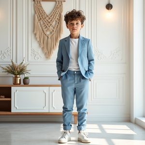 Kids Boys Light Blue 2 Piece Suit <b>Blazer</b> and Pants <b>Set</b> Smart Casual Wedding Party Formal Wear - Product Image 2