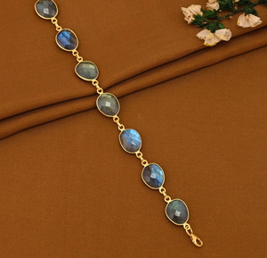925 Silver 14K Gold Plated Chain Natural Labradorite <b>Gemstone</b> 10x11mm Uneven Bezel Setting Handmade <b>Bracelet</b> For Women's Jewelry - Product Image 2