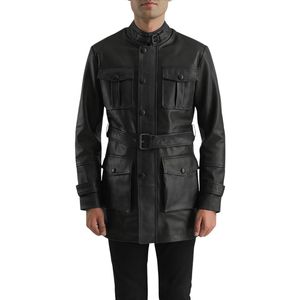 Men's Black Genuine <b>Leather</b> Motorcycle <b>Jacket</b> Stand Collar Belted <b>Long</b> Moto Biker Coat - Product Image 1