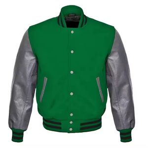 Custom Logo Men's Green Red Varsity Jacket Wool Sleeves Mandarin Collar <b>Covered</b> <b>Button</b> Closure Breathable Quick-Dry Casual - Product Image 6