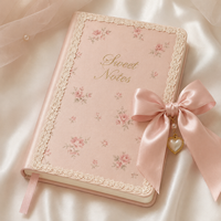 Ensemble de carnets LABON personnalisés à notes douces et florales roses avec bordure en dentelle et nœud en satin, carnet à pois avec breloque cœur pour logo personnalisé
