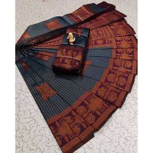 DESIGNER TISSU SOIE ZARI TISSU TRAVAIL SAREE AVEC CHEMISIER NON COUDU BLEU - Product Image 1