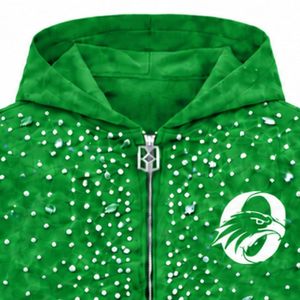 Sudadera con capucha verde brillante con cremallera completa, chaqueta de streetwear con cristales, sudadera informal de manga larga con bolsillo frontal - Product Image 3