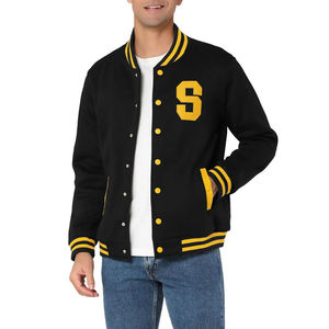 Men's Black Varsity Jacket With Yellow Striped Collar And <b>Button</b> Closure Casual Style Corduroy Fabric - Product Image 6