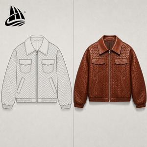 Blouson aviateur en cuir PU marron pour homme, col rabattu, fermeture éclair, décontracté, coupe-vent, motif tissé gaufré, automne - Product Image 3