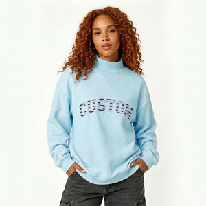 Sudadera Oversize de Cuello Alto con Estampado de Letras Personalizado para Mujer, Estilo Otoñal, Tejido de Algodón Azul Claro - Product Image 1