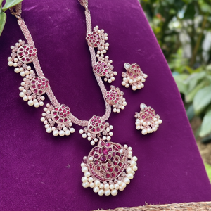Halfmoon Kempu Fine <b>Jewelry</b> <b>Set</b>-Rose Gold & Rhodium Plated with Zircon and <b>Pearl</b> - Product Image 3