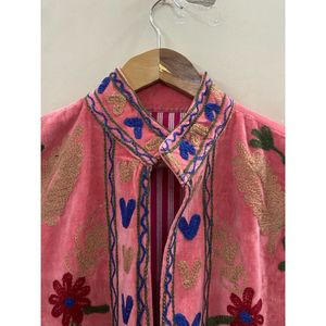 Hand Embroidered <b>Velvet</b> Knitted Cotton <b>Jacket</b> <b>Women</b> Mandarin Collar Full Sleeve Floral Pattern Open Front Prairie Winter/Spring - Product Image 4