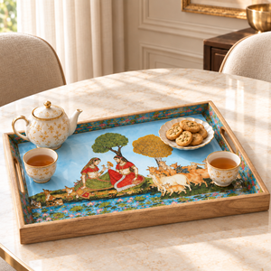 Plateau de service en émail et bois naturel Heritage |   Assiette rectangulaire traditionnelle indienne pour mariage, Diwali, thé, café, collations et repas - Product Image 4