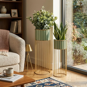 Grand pot de fleurs sur pied en métal avec pot de fleurs vert moderne et support en cage métallique dorée pour plantes d'intérieur, salon, balcon - Product Image 3