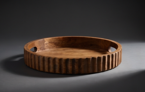 Bandeja Redonda de Madera de Mango con Acabado en Nogal, Plato Decorativo de Madera con Borde Acanalado y Ranuras para Colgar - Product Image 3