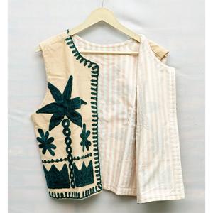 Chaleco de pana de algodón para mujer, sin mangas, verde con estampado floral, estilo casual, transpirable, ecológico, cuello en V, tejido abierto con botones - Product Image 2