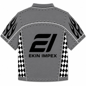 เสื้อเจอร์ซีย์สตรีทแวร์ทรงโอเวอร์ไซส์สีเทา Y2K ลายพิมพ์ซับลิเมชั่นลายเปลวไฟและตารางหมากรุก ประดับหมุดหรูหรา - Product Image 2