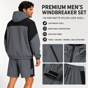 Ensemble deux pièces coupe-vent personnalisé pour homme : veste et short en nylon technique tissé, séchage rapide, idéal pour l'été, le streetwear et le jogging – Fournisseur - Product Image 5
