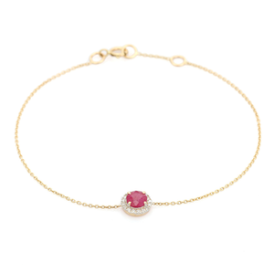 Pulsera de cadena con halo de una sola piedra de rubí y diamantes con diseño elegante y moderno, en oro amarillo de 14 quilates, para mujer, joyería hecha a medida. - Product Image 6
