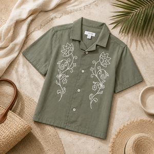 Premium Casual Mens Ivory Cotton Shirt Half Sleeve Floral Embroidery Button <b>Down</b> Resort Shirt - Product Image 4