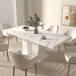 Tavolo da pranzo allungabile in finto marmo bianco moderno 6-10 posti tavolo da cucina espandibile in legno tavolo da pranzo a doppia colonna - Product Image 4