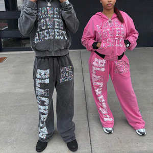 Vintage Washed Unisex Oversized Tracksuit Set Thick Cotton Mens Custom Logo Printed Rhinestone Hoodie & Sweatpants - Product Image 1