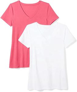 T-shirt vierge à manches courtes 100% coton pour femmes, col en V, de haute qualité, avec étiquette privée et impression personnalisée, t-shirt pour femmes, vente en gros en vrac - Product Image 2