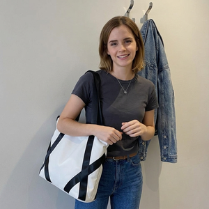 Emma <b>White</b> Solid Color Canvas Tote <b>Bag</b> With Black Stylish Straps <b>Shoulder</b> Strap Unisex Casual All Seasons Style Fashion <b>Bag</b> - Product Image 1