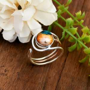 Anillo de Plata de Ley 925 Hecho a Mano con Turquesa de Ostra Espinosa, Anillo Envolvente con Gema Compuesta Redonda, Joyería Fina al por Mayor - Product Image 4