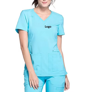 Women's Navy Blue <b>Scrub</b> <b>Tops</b> V-Neck Short Sleeve With Pockets Hospital Uniforms Cotton Polyester Woven Fabric - Product Image 4
