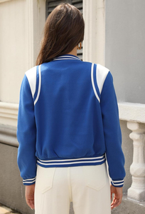 Veste universitaire bleue pour femme de haute qualité, manches longues, boutonnée, broderie contrastée, coupe classique, vêtement d'hiver, doublure en coton - Product Image 5
