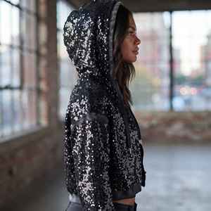 <b>Women's</b> <b>Black</b> Acid Wash Regular Hoodie with Sequined Embellishment Drawstring <b>Fleece</b> Pullover Winter Streetwear Sweatshirt - Product Image 6