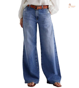 New Retro Straight Jeans Female Embroidery <b>Stretch</b> Mid Waist Breathable Japan Style Casual Pants - Product Image 1