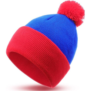 Unisex Blue <b>Red</b> Color Blocking Beanie With Pom Pom Winter <b>Hat</b> Casual Wear Adult Size 56-58CM Acrylic Knitted <b>Hat</b> - Product Image 2