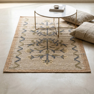 Tapis en jute beige moderne fait main, motif géométrique bleu-vert, antidérapant, à poils épais, avec bordure décorative pour salon - Product Image 2