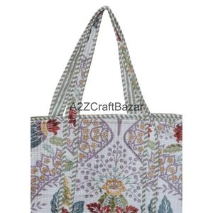 Eco-Friendly Women's 100% Cotton Quilted Tote <b>Bag</b> <b>Long</b> Handle Large Size Made Rajasthan for Daily Use Travel Party - Product Image 2