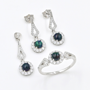 Black <b>Opal</b> Cab Gemstone Pendant <b>Ring</b> and Earrings Set Made With High Quality 925 Sterling Silver Elegant Fine Jewelry <b>For</b> <b>Women</b> - Product Image 1