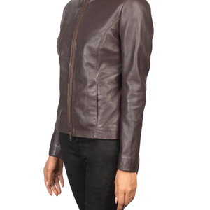 <b>Women's</b> <b>Brown</b> Genuine <b>Leather</b> Motorcycle <b>Jacket</b> Stand Collar Long Sleeve Moto Biker Coat - Product Image 4