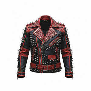 Men's Red & Black Spiked <b>Gothic</b> Leather <b>Jacket</b> - Anarchy Symbol & Winged Skulls Punk Aggressive Biker <b>Jackets</b> - Product Image 2