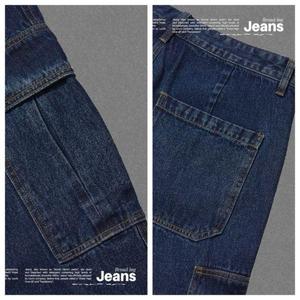 Pantalon cargo en denim taille haute coupe ample couleur unie style utilitaire pour homme – Jean en coton mi-lourd pour l'automne, lavage classique - Product Image 3