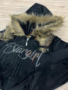 Women's Crop Top Velour Hoodie Custom Zip Up Women's Crop Velvet Fur Hoodie Custom <b>Zipper</b> And Rhinestones Logo - Product Image 2