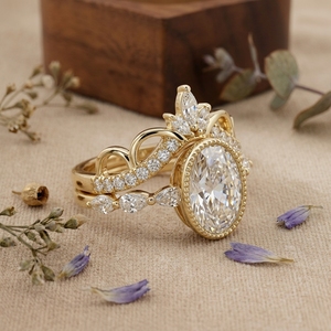 Oval Cut Halo Engagement <b>Ring</b> <b>Set</b> 14K <b>Gold</b> Lab Grown Diamond Vintage Bridal <b>Ring</b> <b>Set</b> for Women - Product Image 2