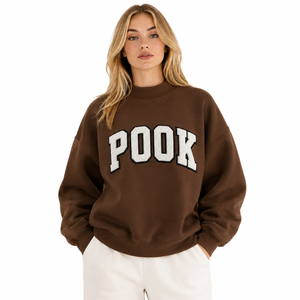 Brown Womens Oversized Mock Neck Sweatshirt Custom Chenille Embroidered Fleece Pullover LooseFit OEM ODM Greek Letter Sweatshirt - Product Image 1