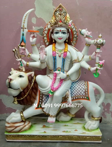 หินอ่อนสีขาวรูปปั้นดูกามัทาสีสันสดใส หินอ่อนสีขาวมักราน่า Durga Mata ที่นั่งอยู่บนรูปปั้นสิงโตในราคาที่สมเหตุสมผล - Product Image 3