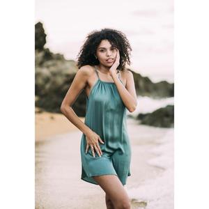 Robe Courte Décontractée d'Été en Coton Tissé Respirant, Col en V, Sans Manches, Coupe Mini Évasée, Taille Naturelle, Couleur Unie - Product Image 1