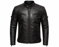 Blouson moto homme en cuir véritable noir, col montant, fermeture éclair, coupe ajustée, style motard, pour l'automne