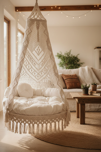Hamac suspendu en macramé en coton blanc style bohème, siège suspendu rembourré pour patio et jardin (33"X70") - Product Image 5