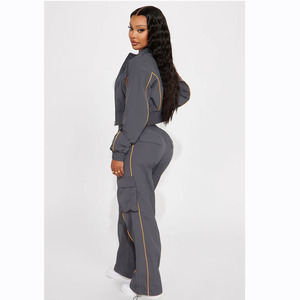 Ensemble de survêtement gris pour femmes grandes tailles, 2 pièces, manches longues, coupe ample, tenue décontractée d'automne avec poches latérales et fermeture éclair - Product Image 3