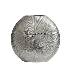 Premium Metallic Silver Circular <b>Vase</b> Radial Ribbed Textured Decorative Urn Luxury Tabletop Accent for Modern Interior Decor - Product Image 5
