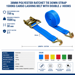 Correa de Amarre de Poliéster de 2 Pulgadas (38 mm) con Trinquete, 1500 kg, Certificación CE, Correa de Sujeción de Carga con Ganchos Dobles en J, Alta Resistencia, Fabricación OEM - Product Image 3