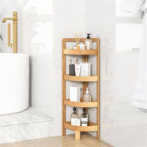Scaffale da Bagno in Bambù con 4 Ripiani, Mensola Angolare da Cucina in Acciaio con Finitura in Alluminio - Product Image 2