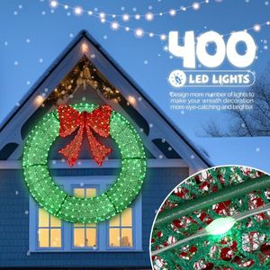 Guirlande de Noël extérieure pré-éclairée à LED de 60 pouces, 400 lumières, nœud vert/rouge pour la décoration extérieure de la maison, du jardin, des fêtes, en métal - Product Image 4