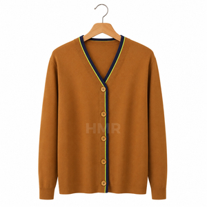 HMR Sisterhood Sorority Cardigan en acrylique tricoté couleur moutarde, col en V, manches longues, bordure contrastante, boutons sur le devant, haut décontracté pour l'automne - Product Image 5